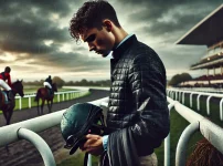 競馬場で騎手が外したヘルメットを手にしながら落ち込んでいるシーン。コース上には競走馬が2頭いる。