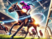 騎手が魔法の杖のようなキラキラとした光を靡かせながらムチを振るっているレースのワンシーン。