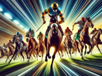 競馬のワンシーン。15頭ほどが手間に向かって猛然と走っている。1頭の逃げ馬にフォーカスしたイラスト。