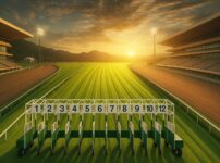 夕暮れ時の誰もいない競馬場。芝コース上にゲートが置かれている。