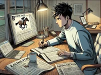 部屋の机でモニターとノートパソコン、競馬新聞を広げながら、競馬の予想をしている男性。