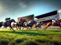 レース終盤で1番人気の馬が他馬と競り合っているシーン。