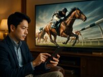 リビングでタブレットを使いながら競馬の予想をしている。大型テレビに競馬中継が映し出されている。
