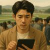 競馬場で男性がタブレット片手に予想しているがストレスを抱えている様子