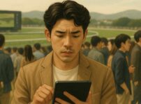 競馬場で男性がタブレット片手に予想しているがストレスを抱えている様子