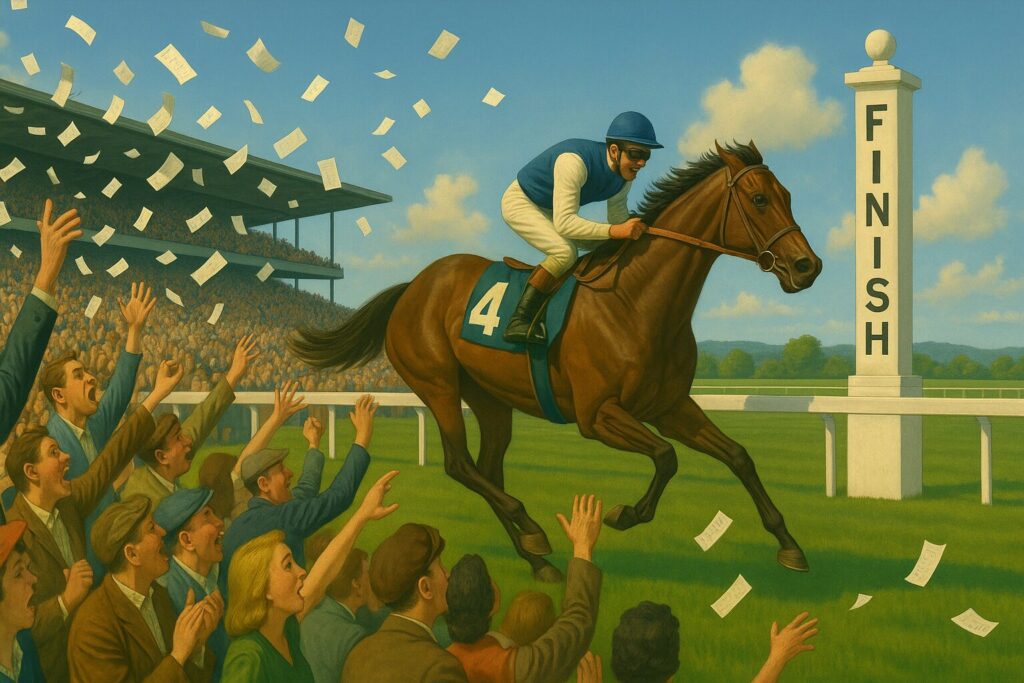 競馬場でのコールシーン。満員の観客スタンドからはハズレ馬券が宙を舞っているシーン。