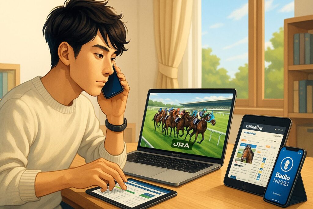 主人公の自室。さながら仮想WINS。MacBookではJRAの生中継、iPadではnetkeibaと極ウマ、iPhoneからはラジオNIKKEI。三種の神器を駆使して、WIN5の世界に没入している