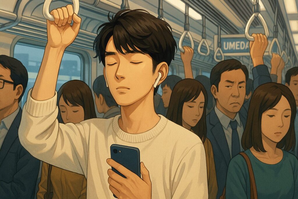 込み合った電車の中で、スマホも見ることなく、目を瞑って、電車に揺られるシーン