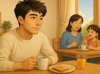 穏やかな日曜日の朝、ダイニングテーブルで主人公の30代ぐらいの男性が一人朝食（トースト、ドリンク）を食べていて、奥では奥さんと娘が団欒しているシーン。