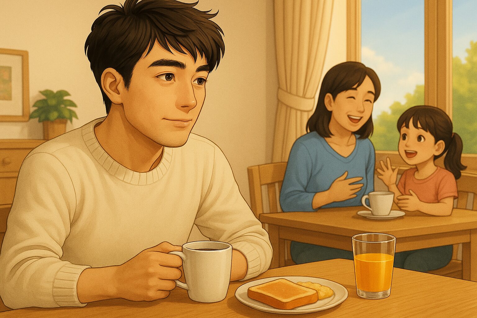 穏やかな日曜日の朝、ダイニングテーブルで主人公の30代ぐらいの男性が一人朝食（トースト、ドリンク）を食べていて、奥では奥さんと娘が団欒しているシーン。
