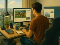 日中、自室で競馬の情報収集をしている30代の男性のイラスト