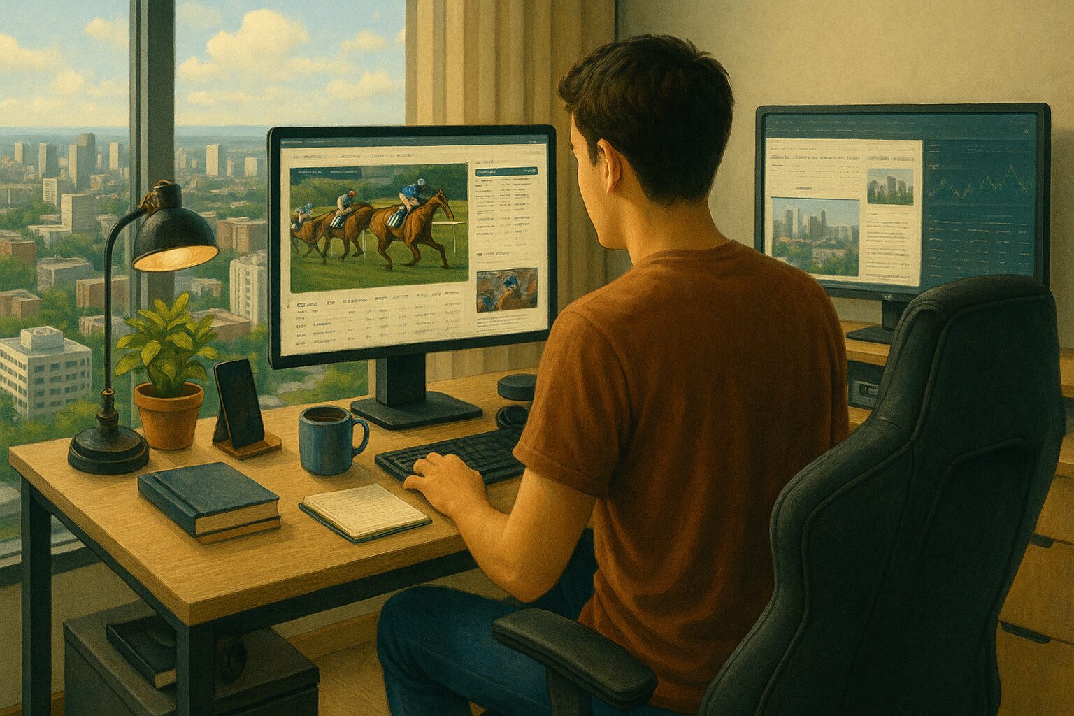 日中、自室で競馬の情報収集をしている30代の男性のイラスト