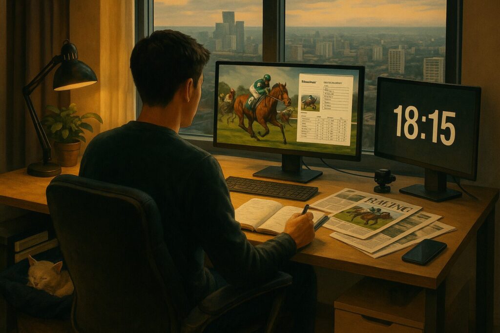 休日の夕方、男性が自室で競馬の予想をしているシーン。
