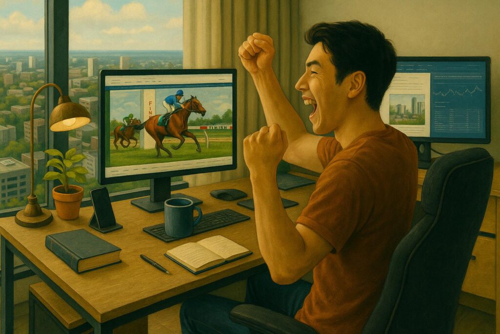 自室で競馬を楽しんでいる30代の男性が的中したのか、喜びのガッツポーズをしているシーン