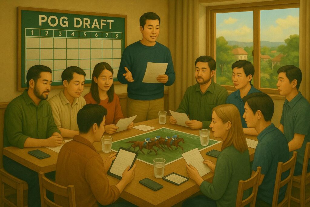 10数名の30代から50代の男女が、ホテルの貸切個室でPOG(ペーパーオーナーゲーム)のドラフト会議を行っているシーン。