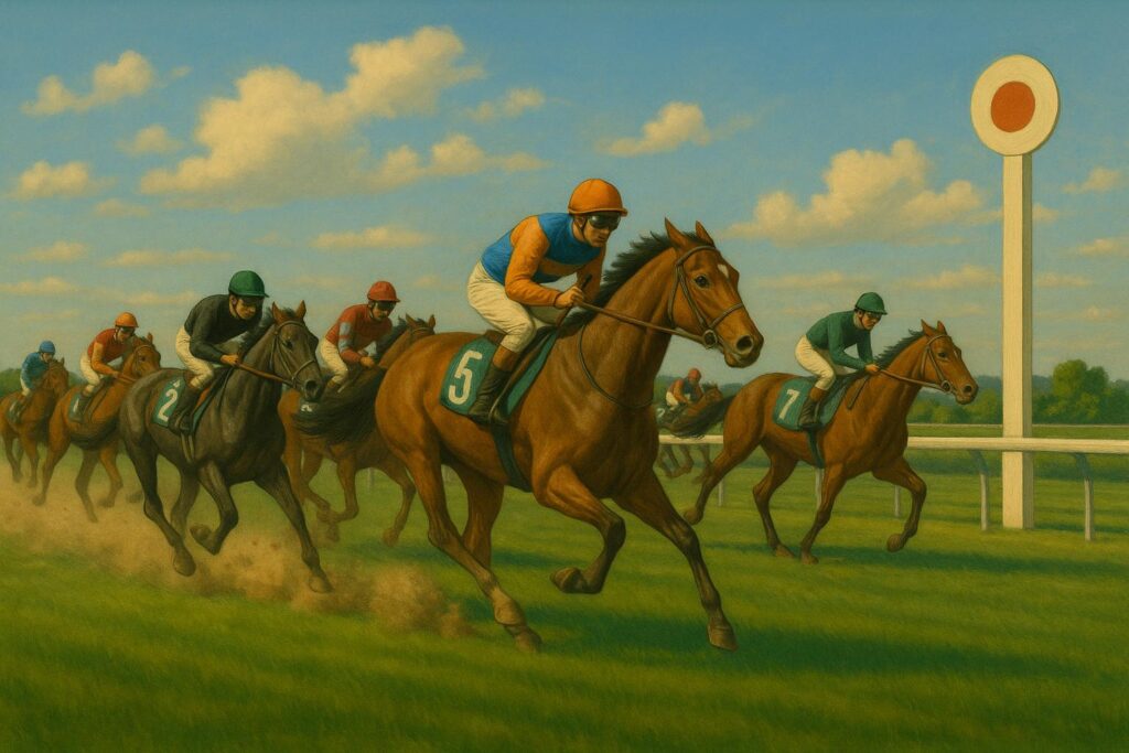 晴れ、芝のコースでの競馬のレースシーン。