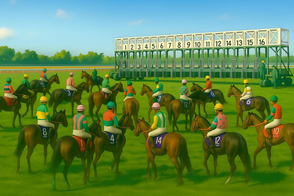 昼間の競馬場。競走馬と騎手たちが、スタートゲートの手前で輪乗りをしながら発走を待っている様子。