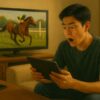 自宅のリビングで競馬の結果を見て、驚愕の表情を浮かべる若い男性