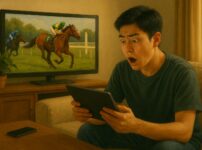 自宅のリビングで競馬の結果を見て、驚愕の表情を浮かべる若い男性