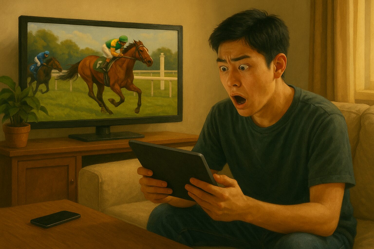 自宅のリビングで競馬の結果を見て、驚愕の表情を浮かべる若い男性