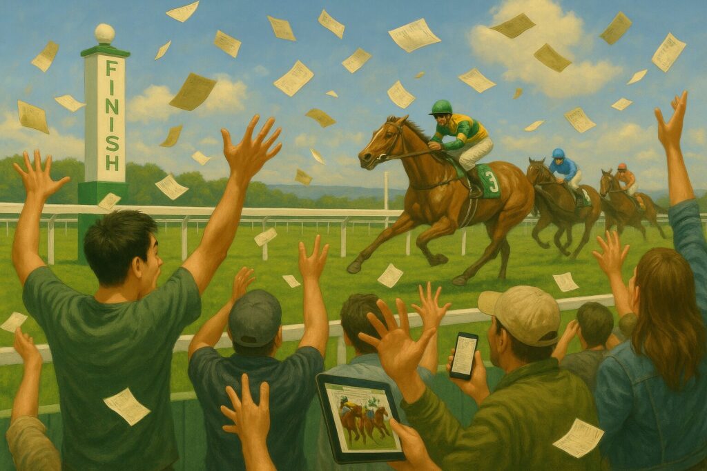 競馬場のゴール前、たくさんの馬券が宙を舞っているシーン。