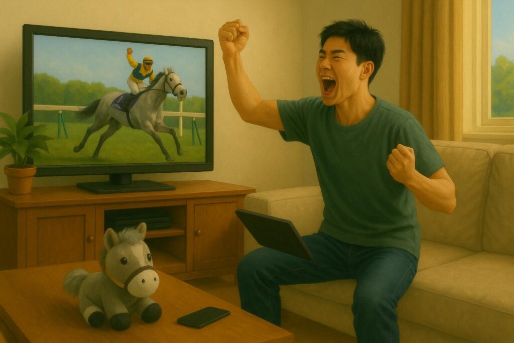 男性がリビングルームで馬券的中を喜び、立ち上がって両腕を高く掲げてガッツポーズしている。テレビ画面にはシャドーロールをつけた芦毛の競走馬がゴールする瞬間が映し出されている。