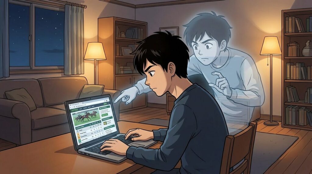 夜、リビングにてノートPCで競馬の予想をする男性の背後に、もう一人の自分の影が現れ指示している