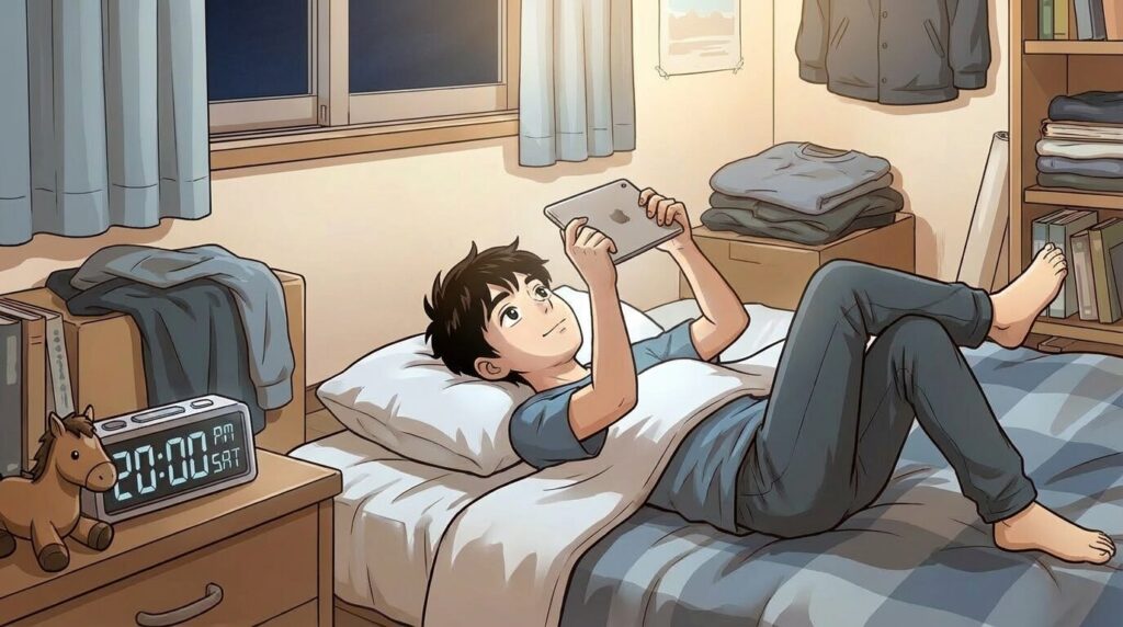 夜の寝室、ベッドで横になりタブレットで週刊Gallopを読みながら競馬の予習する男性