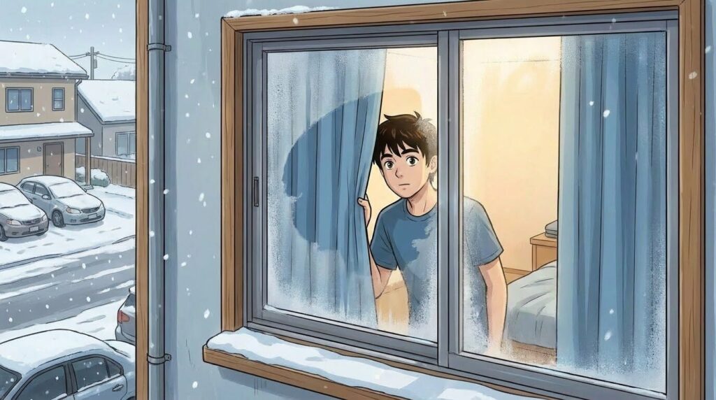 結露した窓を拭いて外をのぞく男性。外は雪で白い住宅街