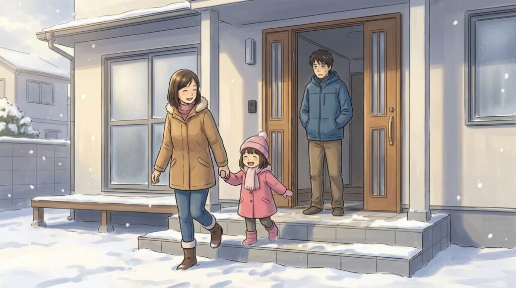 雪の朝、母親と子どもが手をつないで外へ出る一方、玄関でぼんやり佇む男性