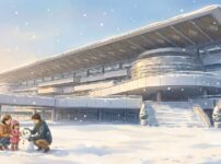 雪が降る競馬場の外観。手前で家族が小さな雪だるまを作っている
